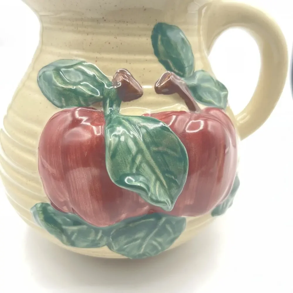Pitcher & 2 Salt Pepper Shaker 3D Apple & Leaves Green Red Beige Ceramic pre-own
